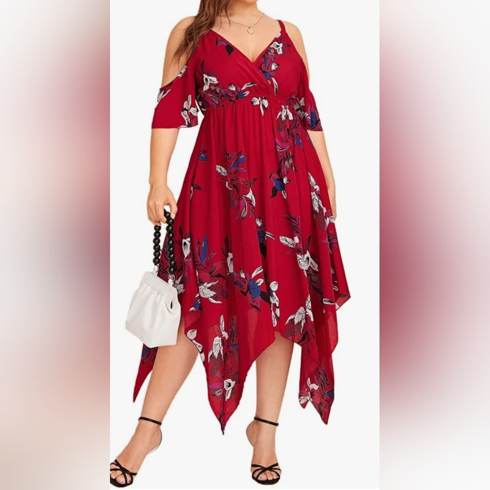 Women's V-Neck Red Tropical Floral Plus Size Dress (2X)
